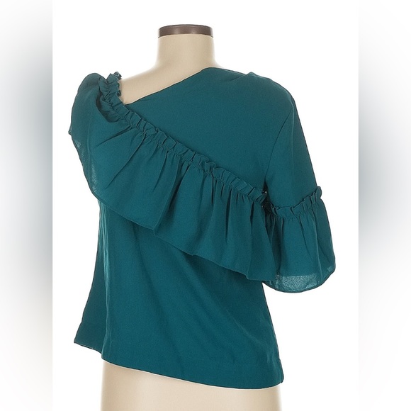 Teal One-Shoulder Ruffle Blouse - Picture 2 of 5